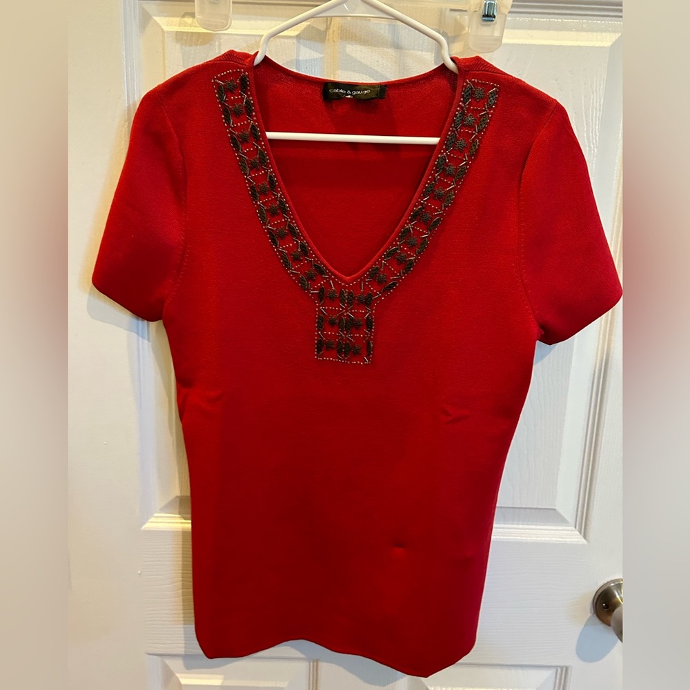Cable and Gauge Red Short-Sleeve Sweater with Beading Detail